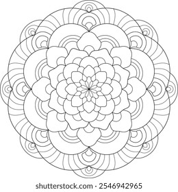 Attractive abstract floral mandala outline design. For adults to release stress,  colouring, meditation, prints, laser cut. Vector illustration.