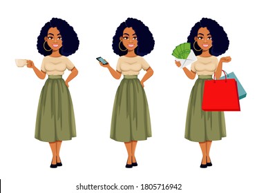 Attractive African American Business Woman Having A Rest, Set Of Three Poses. Cute African-American Businesswoman Cartoon Character. Vector Illustration