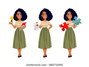 Attractive African American business woman, set of three poses. Cute African-American businesswoman cartoon character. Vector illustration