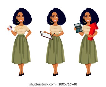 Atractiva mujer de negocios afroamericana, conjunto de tres poses. Cute personaje de caricatura de una empresaria afroamericana. Ilustración del vector sobre fondo blanco