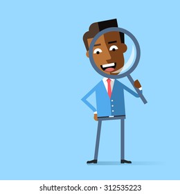 Attractive african american businessman in formal suit looking through a magnifying glass. Business concept for recruiting and researches. Cartoon character - manager with loupe. Vector flat design.