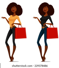 attractive African American girl on a shopping spree. Sexy black woman in jeans. Cartoon illustration.