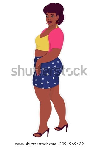 Attractive african american plus size woman model. Wearing mini skirt, yellow top, cardigan. Vector illustration isolated on white background. Fashion blogger concept.