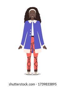 Attractive african american smiling woman in cute blue coat and colorful pants isolated on white background. Vector illustration