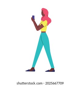 Attractive african american woman cartoon character walking with smartphone, flat vector illustration isolated on white background. Gadgets and mobile devices technology.