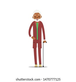 Attractive african old man. Older black senior retired. Cute grandfather standing and smiling. Traditional retirement lifestyle. Cartoon illustration isolated on white background in flat style.
