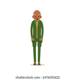 Attractive african old man. Older black senior retired. Cute grandfather standing and smiling. Traditional retirement lifestyle. Cartoon illustration isolated on white background in flat style.
