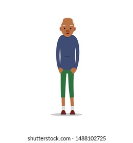 Attractive african old man. Older black senior retired. Cute grandfather standing and smiling. Traditional retirement lifestyle. Cartoon illustration isolated on white background in flat style.
