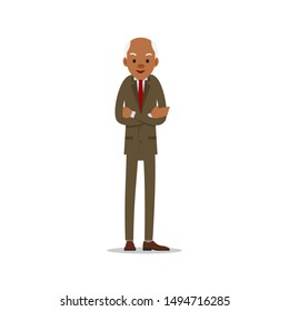Attractive african old man. Older black senior retired. Cute grandfather standing and smiling. Traditional retirement lifestyle. Cartoon illustration isolated on white background in flat style.
