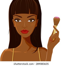 Attractive African woman with dark brown skin applying makeup blush. Beauty, fashion and make up concept. Young female with elegantly manicured hand holding brush. Vector