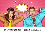 Attractive amazed young man and woman touch heads with hands. Surprised girl and guy in jacket with wide open eyes and mouths, speech bubble. Vector illustration in pop art style on pink background.