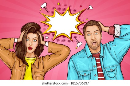 Attractive amazed young man and woman touch heads with hands. Surprised girl and guy in jacket with wide open eyes and mouths, speech bubble. Vector illustration in pop art style on pink background.