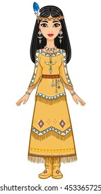  The attractive animation girl in clothes of the American Indian. Full growth. Vector illustration isolated on a white background.