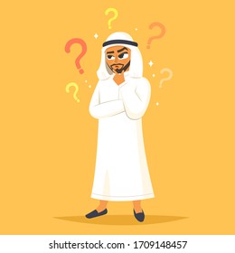 Attractive arabian businessman looking for a solution to various issues with a pensive look. Vector illustration in cartoon style.