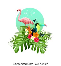 An attractive arrangement of tropical floral elements including palm leaves, birds and flowers. Vector illustration.