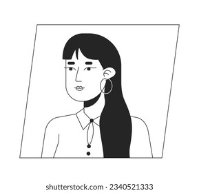 Attractive asian adult woman black white cartoon avatar icon. Editable 2D character user portrait, linear flat illustration. Vector face profile. Outline person head and shoulders