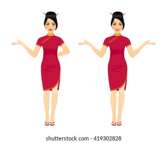 Attractive asian brunette woman in two poses: pointing and spreading her hands. Vector cartoon character on white background.
