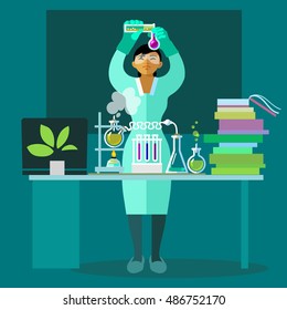 Attractive Asian girl working in the biological laboratory.Woman scientist in protective glasses and gloves holding flasks is doing research. Cartoon flat vector illustration.