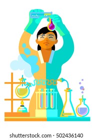 Attractive Asian girl working in the laboratory. Student is studying chemistry. Woman scientist in protective glasses and gloves holding flasks is doing research. Cartoon flat vector illustration.