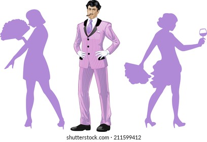 Attractive asian man in luxury stripped costume with female corps de ballet dancers silhouettes retro styled cartoon character with colored lineart