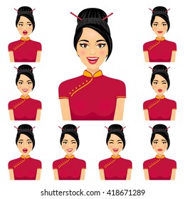 Attractive asian woman with different facial expressions. Vector cartoon avatar icon set isolated on white background.