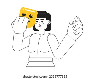 Attractive asian woman holding comedy mask monochromatic flat vector character. Editable thin line half body actress acting on white. Simple bw cartoon spot image for web graphic design