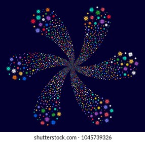 Attractive Asic Processor explosion flower cluster on a dark background. Hypnotic centrifugal explosion organized from scatter asic processor items.