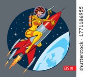 Attractive astronaut woman riding a rocket or missile. Vintage sci-fi style vector illustration.