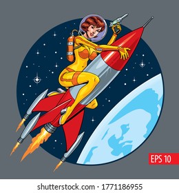 Attractive astronaut woman riding a rocket or missile. Vintage sci-fi style vector illustration.