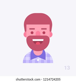 Attractive bearded guy in a red flannel shirt smiling friendly. Lumbersexual. Vector icon in flat style.