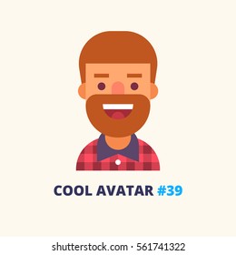 Attractive bearded guy in a red flannel shirt smiling friendly. Lumbersexual. Vector icon in flat style.