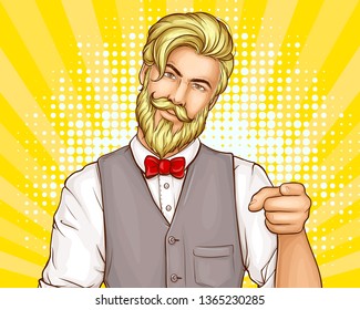 Attractive, bearded hipster man in business suit waistcoat, red bow tie on white shirt, pointing with finger in camera pop art vector illustration on yellow dotted background. Mens fashion ad banner