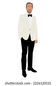 Attractive bearded man dressed in elegant ivory suit or tuxedo. Happy male cartoon character wearing formal or black tie evening clothing. Vector realistic illustration isolated on white background.