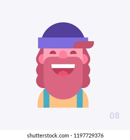 Attractive bearded man in a hat smiling friendly. Lumbersexual. People avatar #08. Vector icon in flat style.