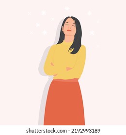 Attractive beautiful girl standing with eyes closed and relaxed both physically and mentally. Optimistic view of the world. Happy life concept vector illustration.