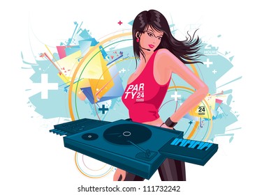 Attractive and beautiful women DJ playing music in the party