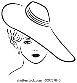 Attractive beautiful young lady posing in wide-brimmed hat, hand drown vector outline