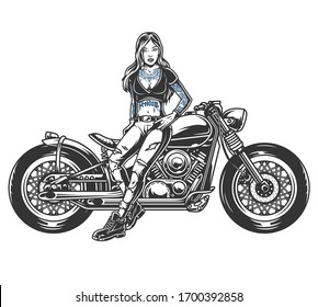 Attractive biker girl standing near motorcycle in vintage monochrome style isolated vector illustration