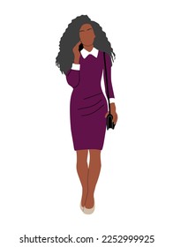 Attractive black Business woman. Pretty african american, latin girl in stylish office outfit, purple dress, bag, high heels. Modern lady boss walking, talking on phone vector realistic illustration.