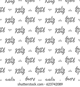 Attractive black crown and king inscription vector seamless pattern background. Beautiful illustration with hand drawn crowns. Stylish fashion backdrop for invitation and wedding decoration design.