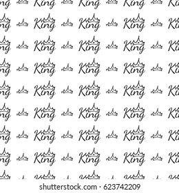 Attractive black crown and king inscription vector seamless pattern background. Beautiful illustration with hand drawn crowns. Stylish fashion backdrop for invitation and wedding decoration design.