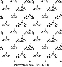 Attractive black crown vector seamless pattern background. Beautiful illustration with hand drawn crowns. Stylish fashion backdrop for invitation and wedding decoration design.