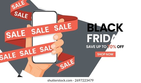Atractivo anuncio del Black Friday que muestra un teléfono inteligente con una cinta de venta y una llamada a la acción de "Compra ahora".