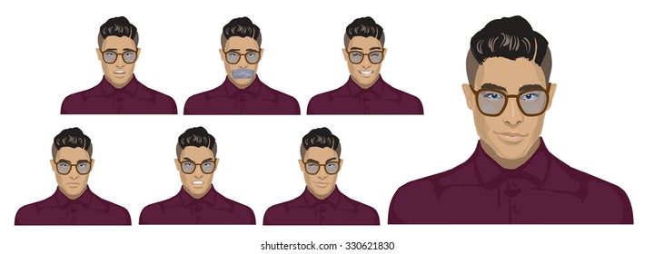 Attractive black haired young hipster man with glasses on seven different face expressions collection. Set of original character Stylish Asian Fashion guys in glasses with elegant clothing style