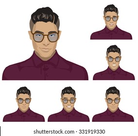 Attractive black haired young hipster man with glasses on six different face expressions collection. Set of original character Stylish Asian Fashion guys in glasses with elegant clothing style