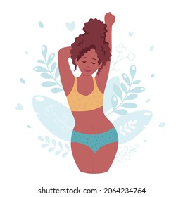 Attractive black woman in underwear. Body positive, self love concept. Vector illustration