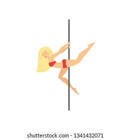 Attractive blond in red bikini making trick around pole
