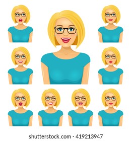 Attractive blond woman in glasses with nine different facial expressions. Vector cartoon avatar icon set on white background.