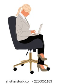 Attractive blonde business woman sitting on chair, working on laptop computer. Pretty lady boss in formal office outfit - suit, high heels. Realistic Vector illustration isolated on white background.