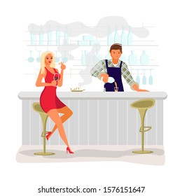Attractive blonde girl drinks wine and smokes at the bar counter. Young bartender makes a cocktail. Flat Art Vector Illustration